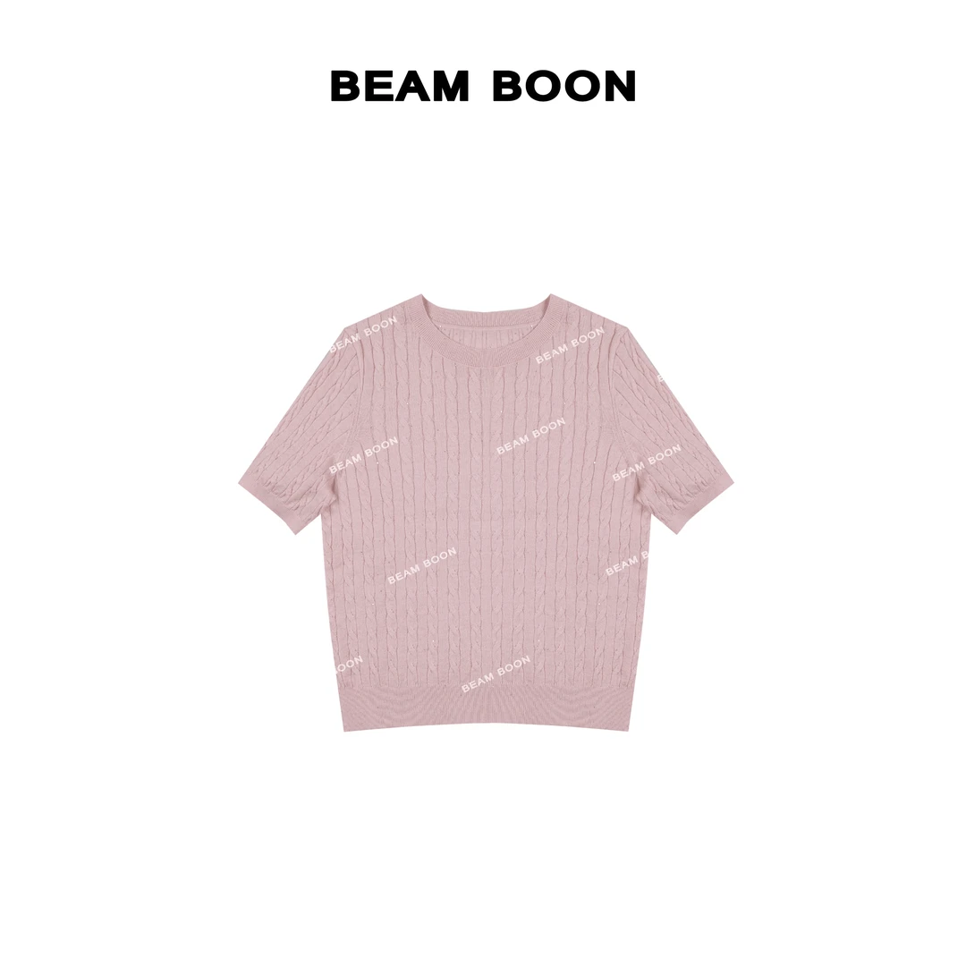 Beam Boon|【山茶织梦】C*m珠片纱可机洗羊毛立体绞花针织短袖毛衣
