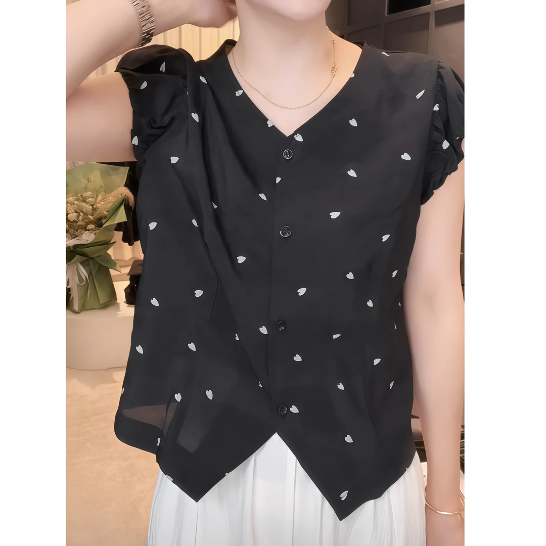2025夏季V领设计感时尚百搭无袖显瘦宽松黑色波点上衣女百搭潮流