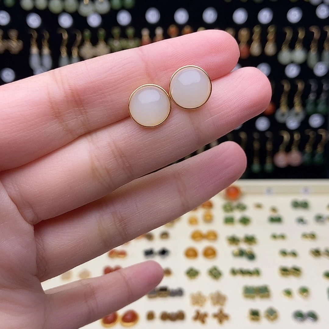 和田玉银S925镶嵌耳饰