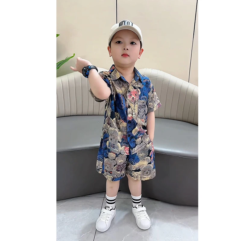 男童夏装套装洋气衬衫2025新款儿童薄款短袖衣服宝宝花衬衣两件套