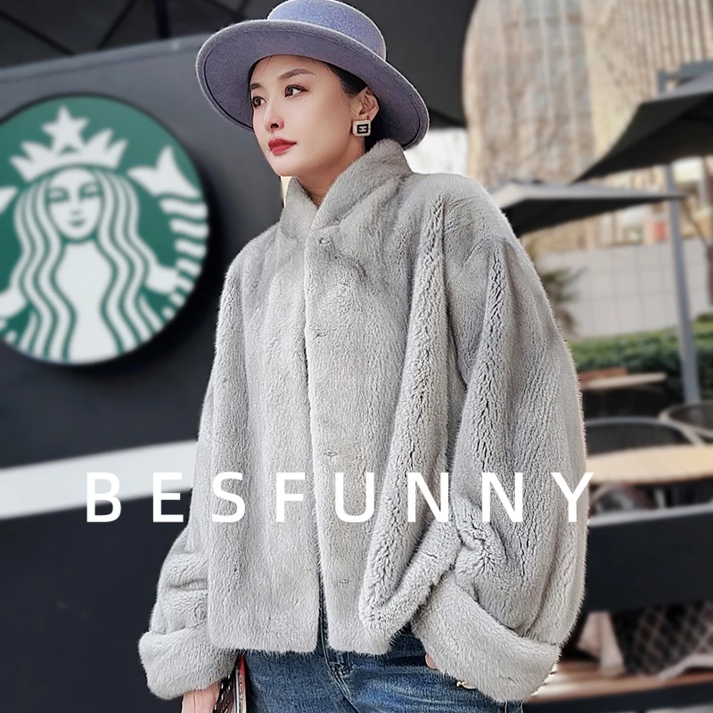 Besfunny露姐「雾都」蓝宝石本色短款立领水貂皮草貂皮大衣外套女