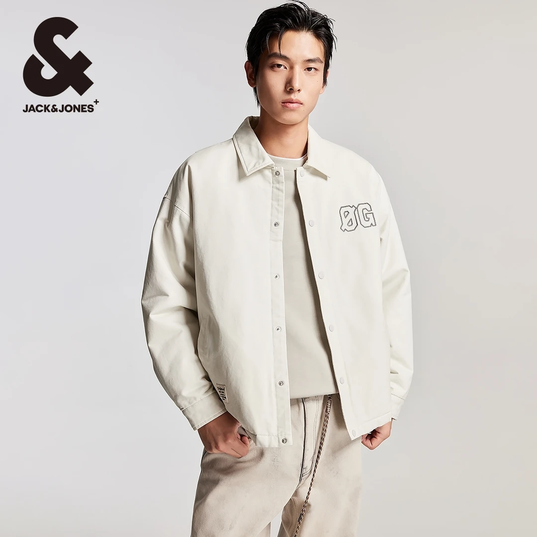 杰克琼斯秋季宽松翻领刺绣潮流字母胶印纯棉舒适棉服棉衣外套男装