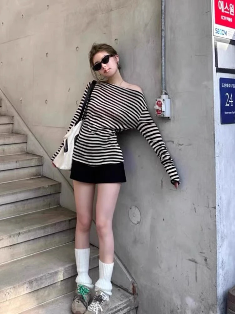 【大敏家】设计感斜肩条纹防晒上衣