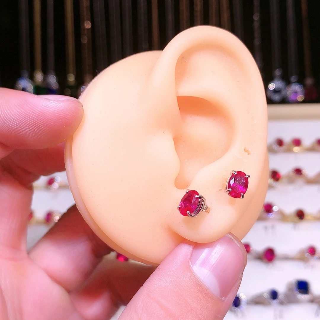 红宝石耳饰银S925镶嵌