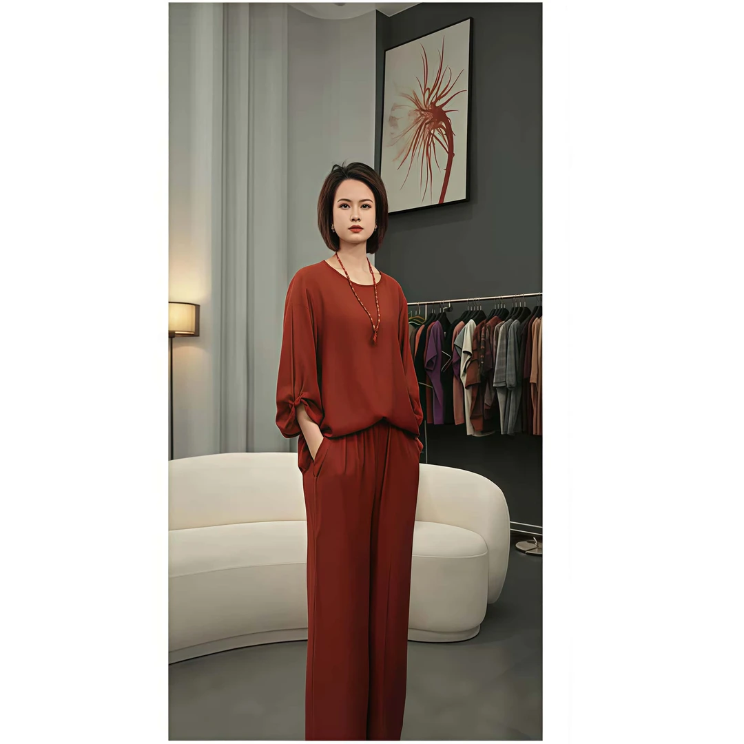 高级减龄圆领蝴蝶结棉麻短袖上衣搭配休闲裤夏季女装25021