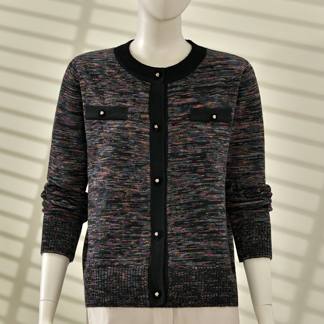 2025秋冬新款圆领针织开衫女彩色条纹毛衣洋气时尚显瘦上衣外套