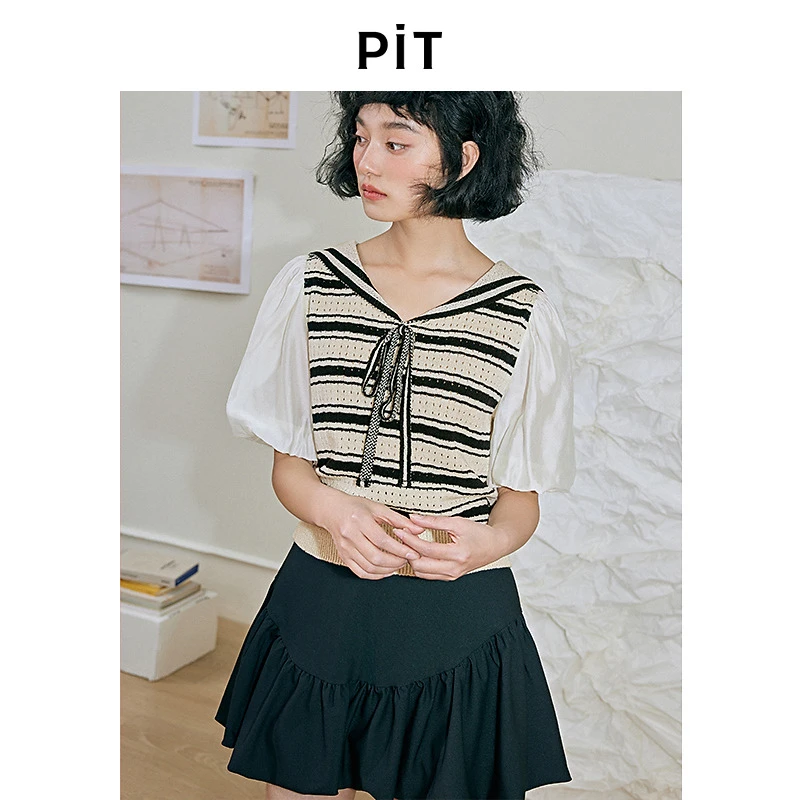pit复古海军领条纹针织拼接泡泡袖短袖女2025春季新款T恤短款上衣
