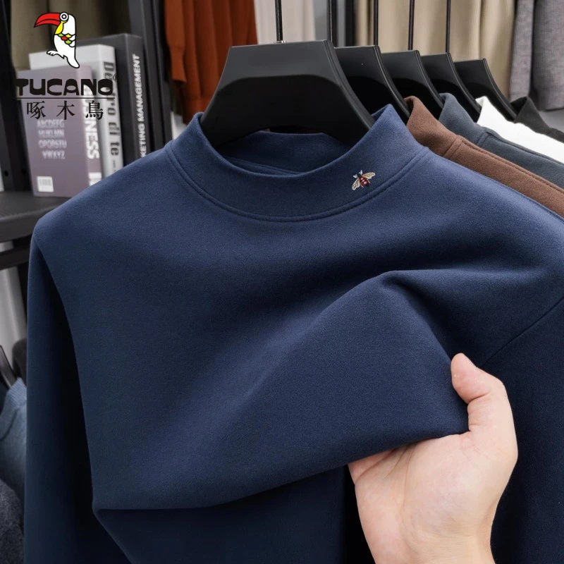 啄木鸟中青年男双面绒打底T恤衫2025秋季新款时尚半高领长袖卫衣