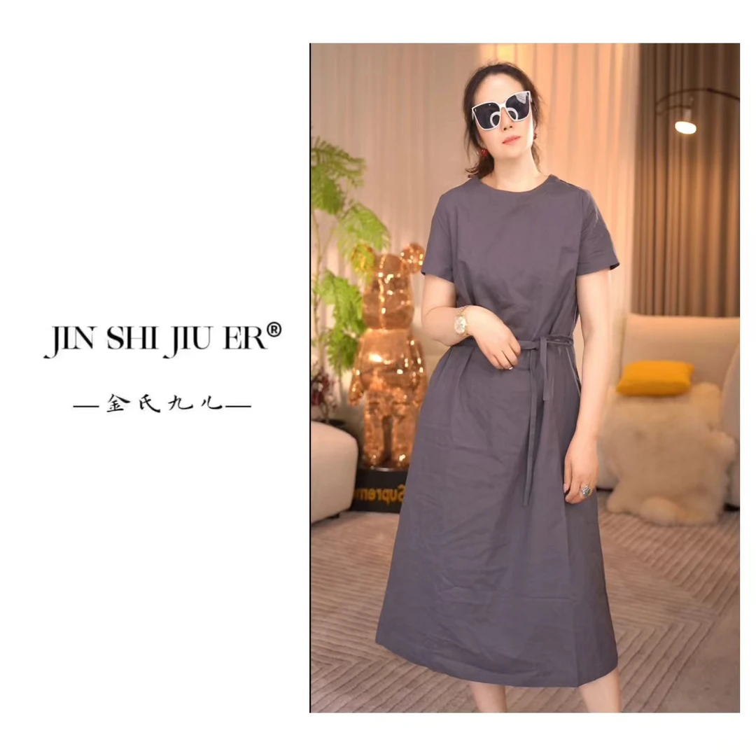 JIUER亚麻抽绳连衣裙 透气散热简约休闲时尚气质显瘦纯色86251