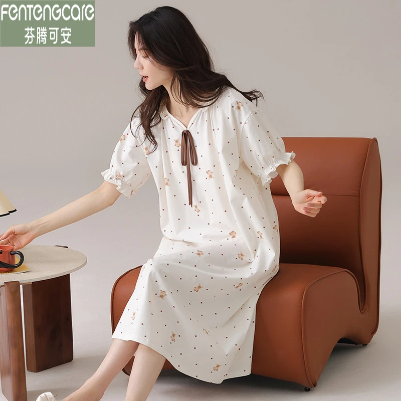 芬腾可安夏季短袖睡裙女士纯棉薄款公主风夏天甜美连衣裙睡衣裙子