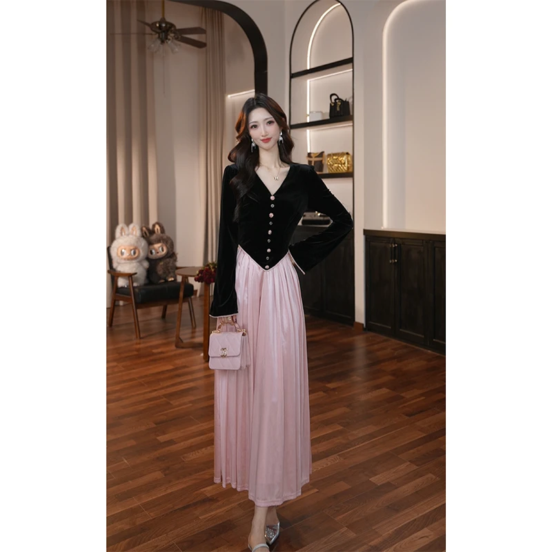 【滋滋定制】新款法式复古气质优雅V领拼接高腰长款大摆连衣裙21563