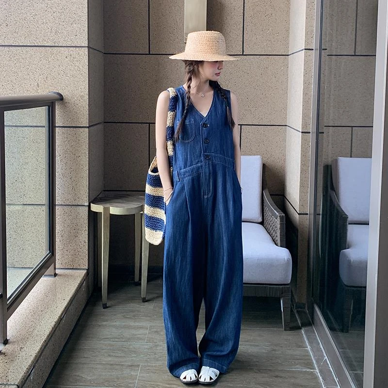 薄款工装牛仔连体裤女小个子2025夏新款慵懒风宽松休闲阔腿连衣裤