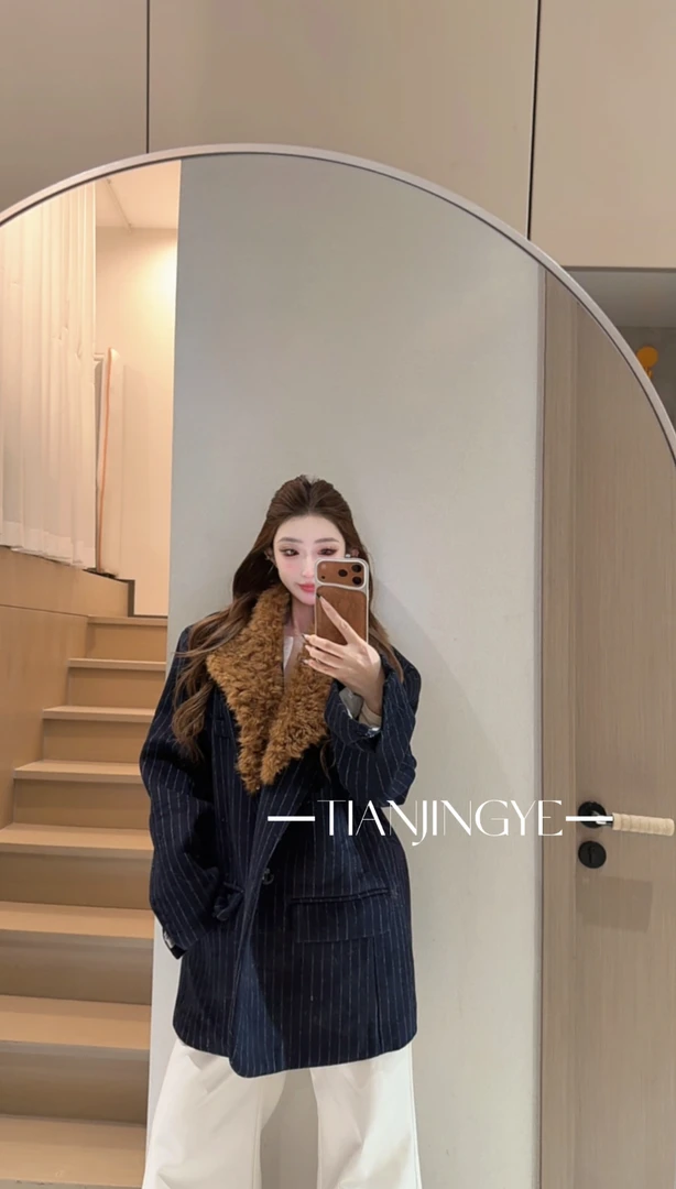 JINGYE/25~上新气质秋冬条纹西装拼毛领外套