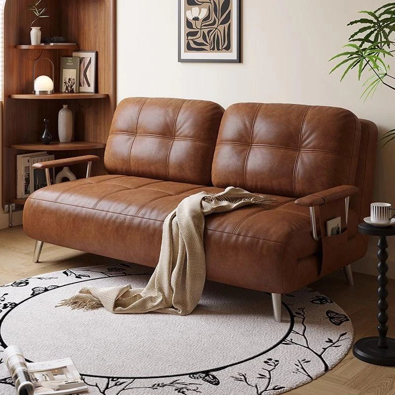 木宫匠中古风客厅沙发床单人办公室可折叠两用双人油蜡皮沙发阳台