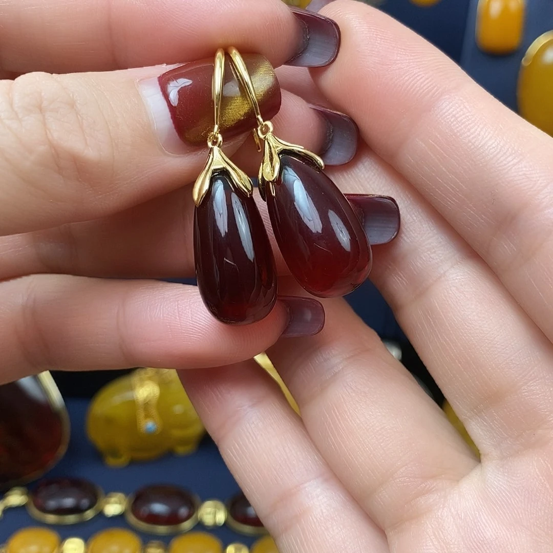 血珀耳饰银S925镀金镶嵌