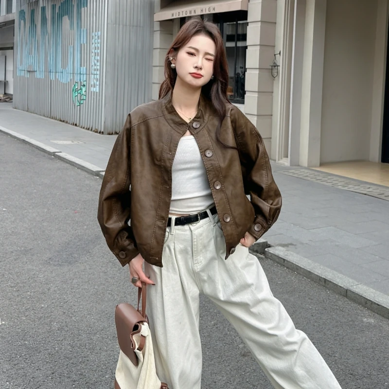 2025春秋季韩系休闲立领宽松皮衣外套女小个子高级感皮夹克上衣潮