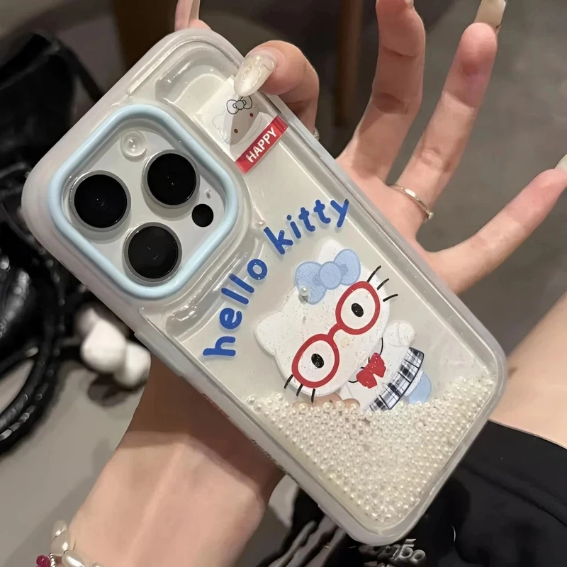 珍珠流沙KT猫适用iPhone16promax甜美苹果15手机壳可爱14少女心13