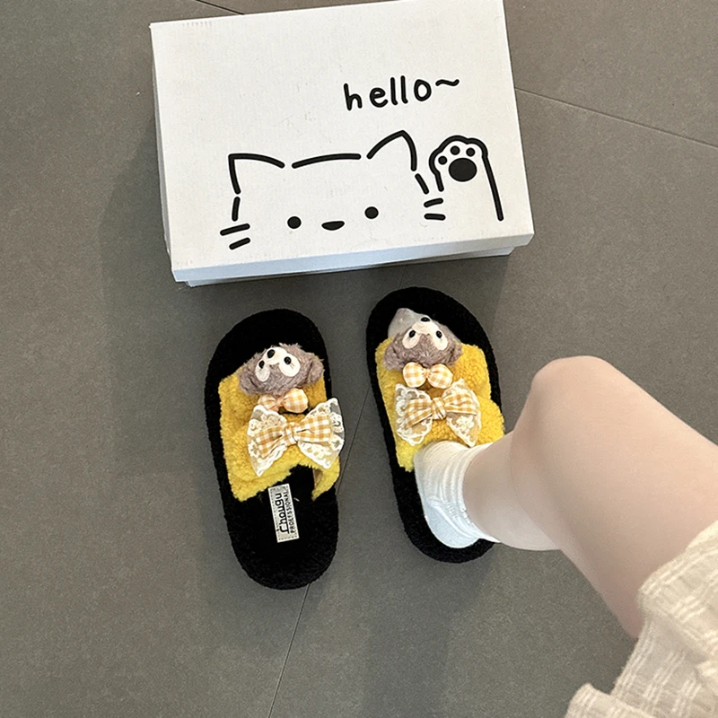 卡通可爱蝴蝶结小动物毛毛鞋女2025秋冬新款外穿厚底防滑毛毛拖鞋