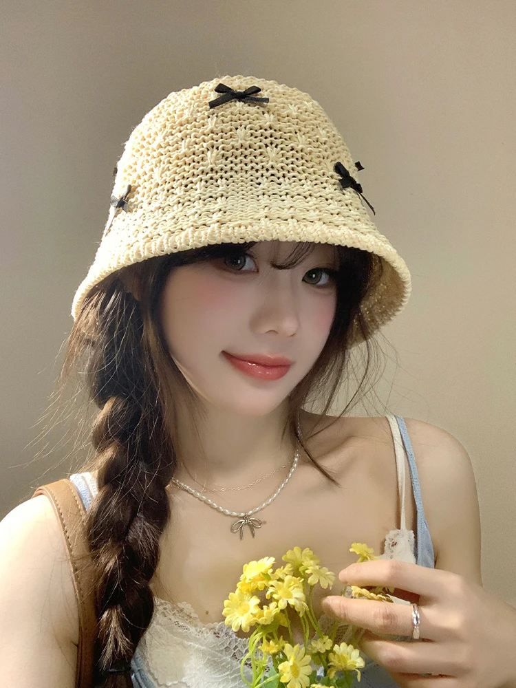 甜美蝴蝶结手工编织渔夫帽女夏季镂空透气海边遮阳防晒显脸小盆帽