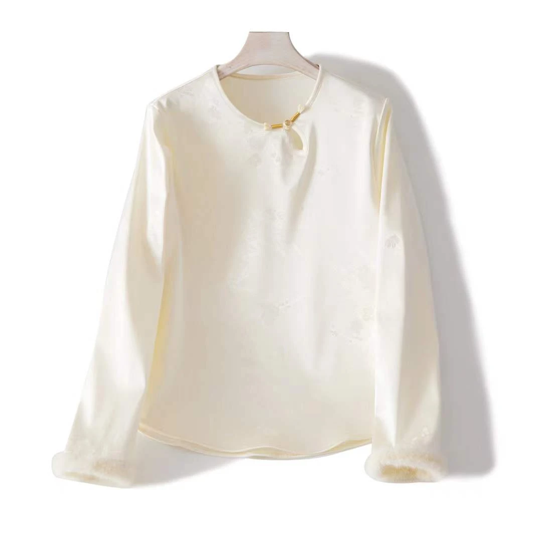 秋冬加绒保暖打底上衣新中式国风宽松毛领提花长袖T恤衫女