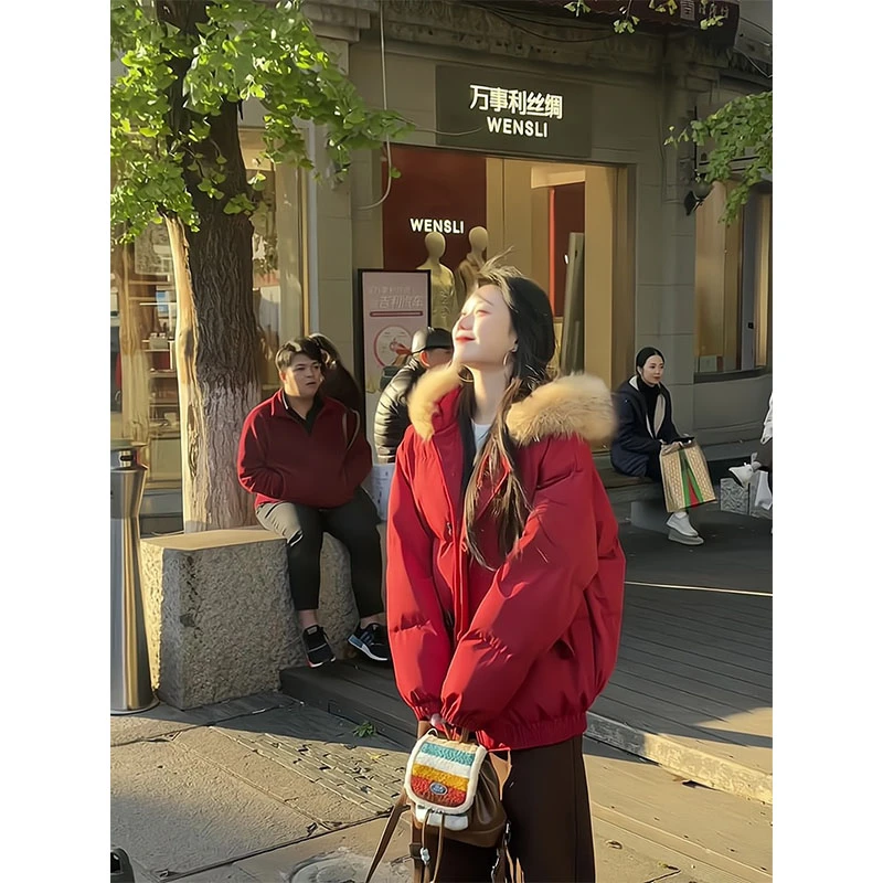 雪山秘境大毛领连帽面包服女保暖棉服冬牛角扣厚外套百搭显瘦裤子