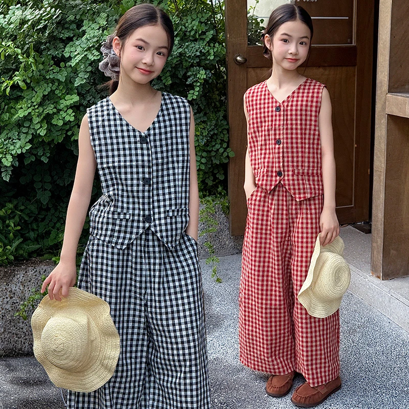 女童夏装套装2025夏季新款儿童洋气格子无袖马甲小女孩九分阔腿裤
