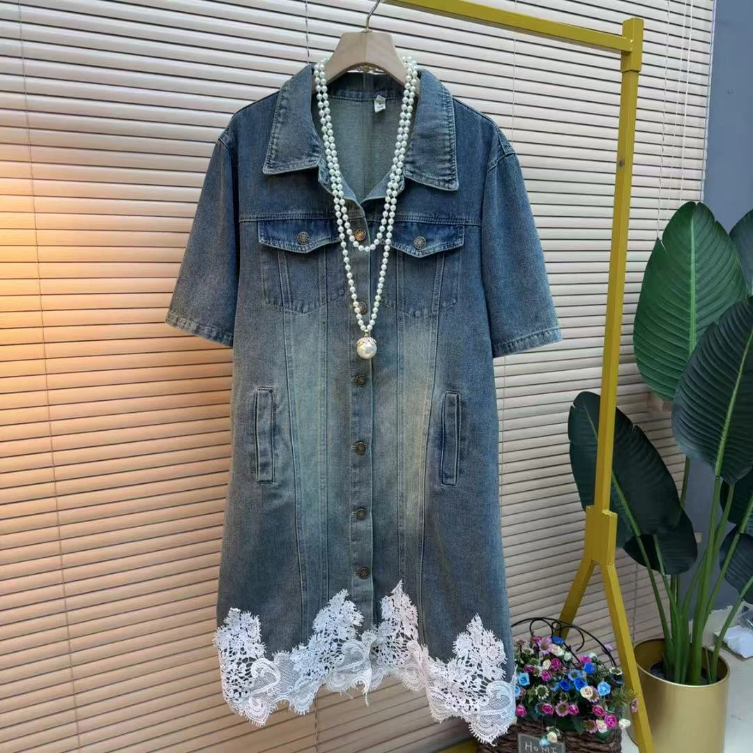 胖妹妹时尚牛仔水洗气质百搭拼接宽松中长款6029潮流韩版连衣裙