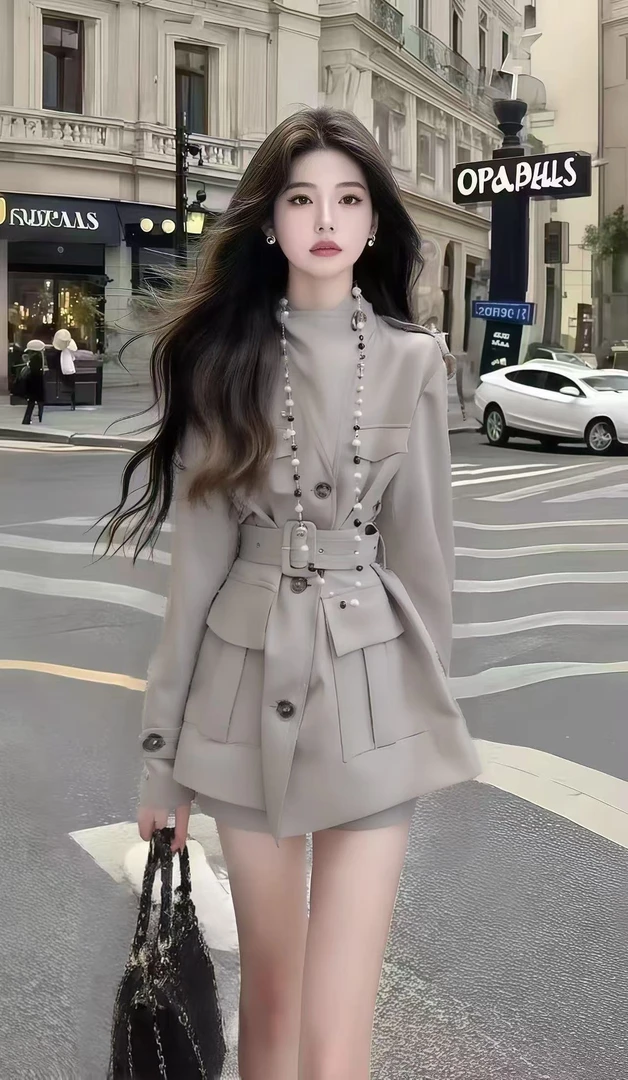 秋季新款时尚灰色圆领收腰系带不规则百搭单排扣外套设计感女装