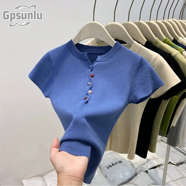 gpsunlu法式高级感彩色纽扣短袖针织衫女夏新款修学生毛衣开衫