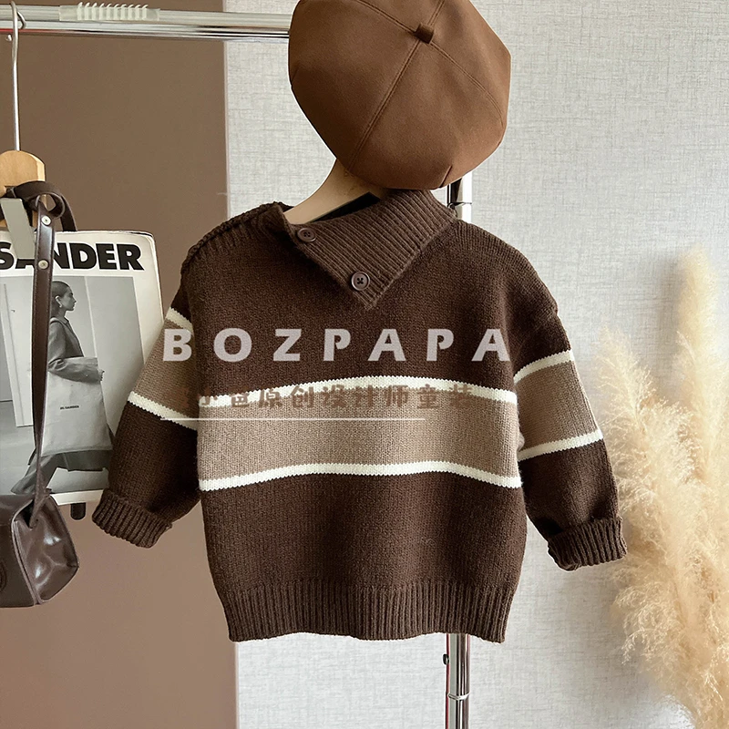 现货【马德里棕】2025新款冬季男童时尚复古撞色翻领软糯条纹毛衣