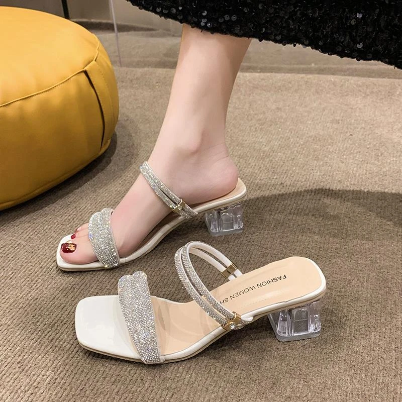 粗跟中跟仙女风两穿凉鞋女2024年新款超火高跟鞋时尚水钻水晶拖鞋