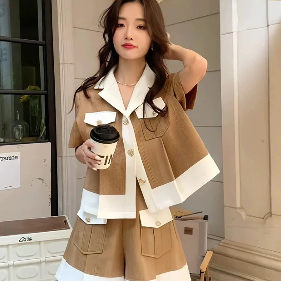 宽松拼色短袖衬衫女时尚套装2024年夏季新款高腰显瘦半身裙两件套