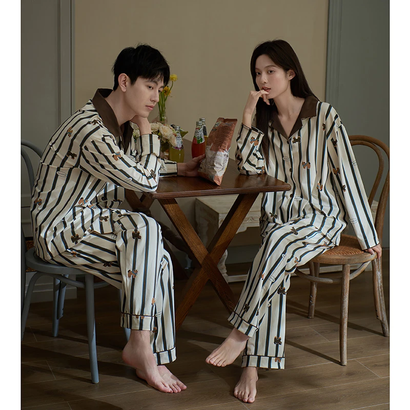 思莉太太情侣睡衣春季新款女可爱小狗条纹男士长袖休闲秋冬家居服