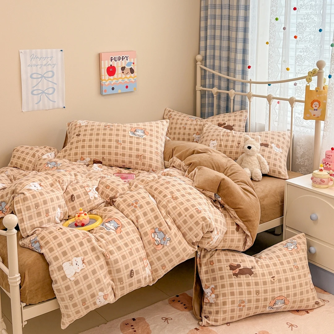 A类加厚卡通印花牛奶绒四件套超柔可爱加绒双面绒床单被套三件套