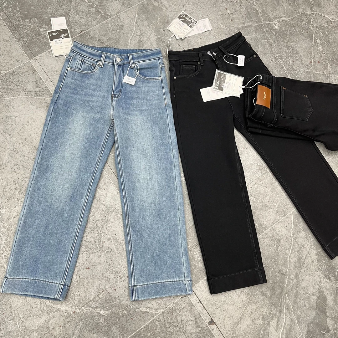 ykk金标加绒九分可卷边法棍裤弹力小个子窄版直筒牛仔裤子女81158