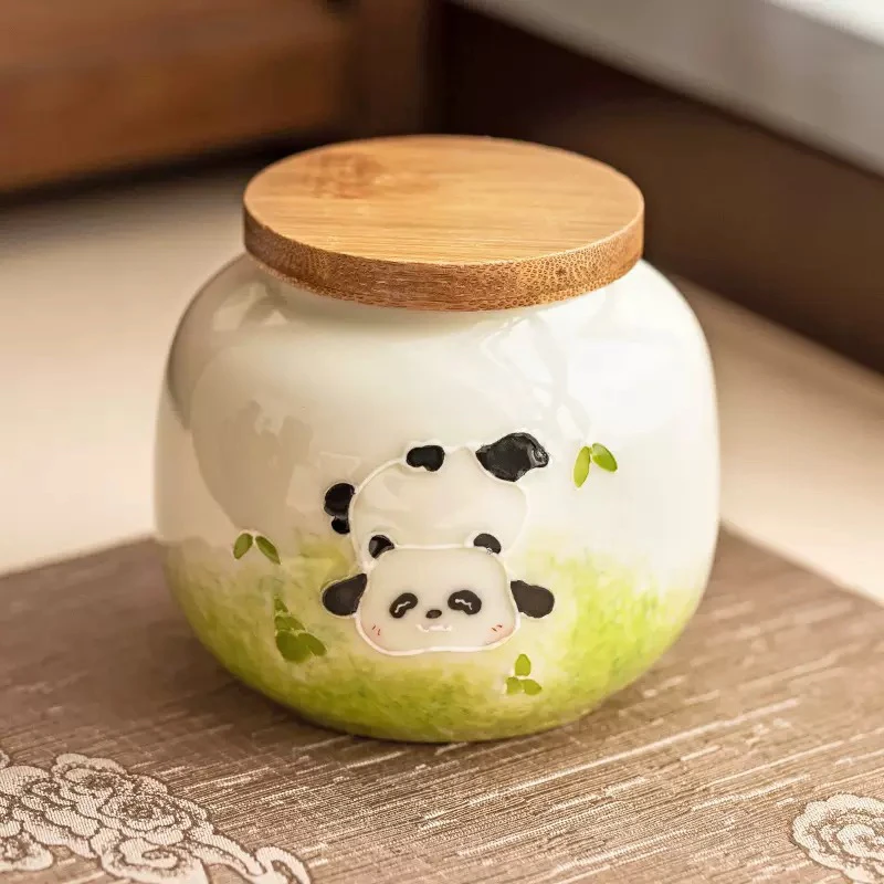 堆雕熊猫茶叶罐陶瓷密封罐防潮储物罐便携普洱茶罐
