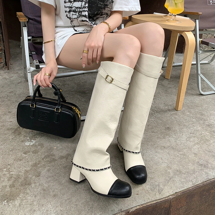小香风真皮白色高跟裤管靴女2025秋冬新款圆头拼色时尚链条长筒靴