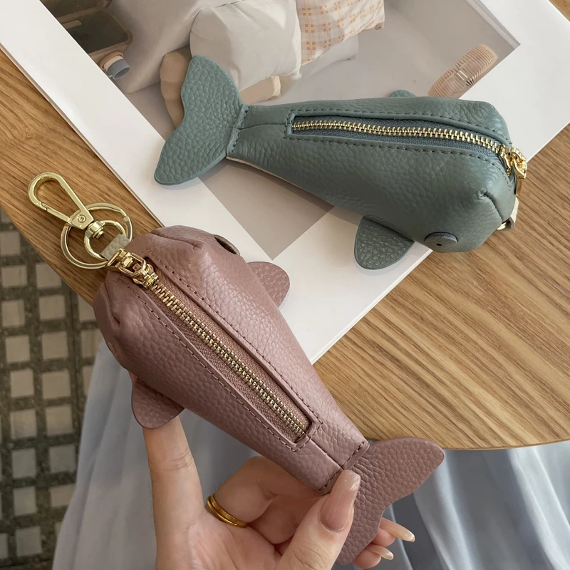 头层牛皮钥匙包女可爱小琼鱼挂件装饰锁匙收纳包迷你真皮钥匙扣