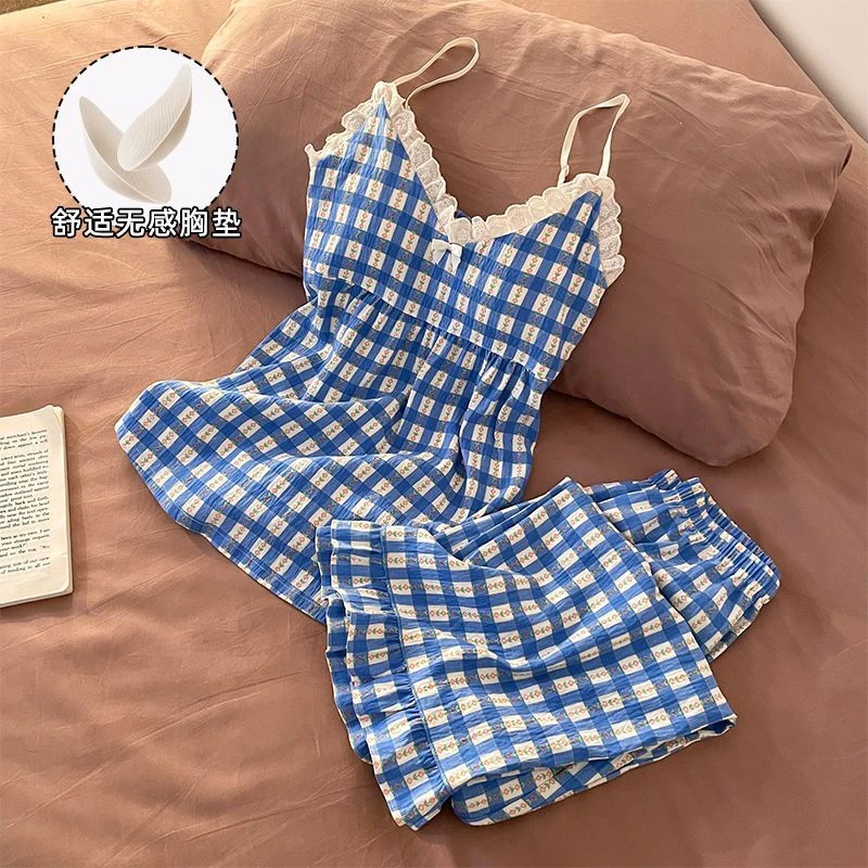 云朵棉吊带睡衣女2025夏季胸垫吊带短裤长裤三件套格子家居服外穿