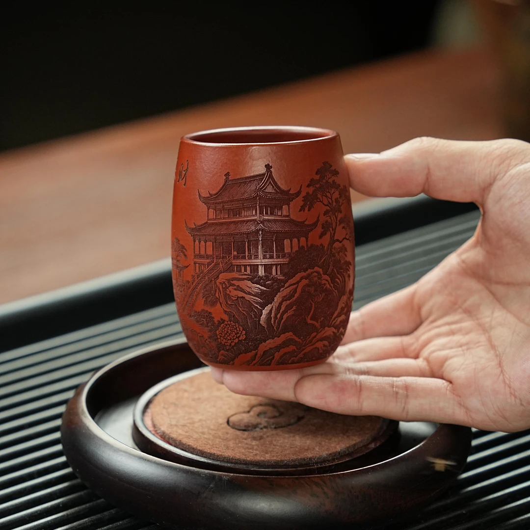 宜兴全手工紫砂茶具大红袍刻绘八方来财紫砂主人杯