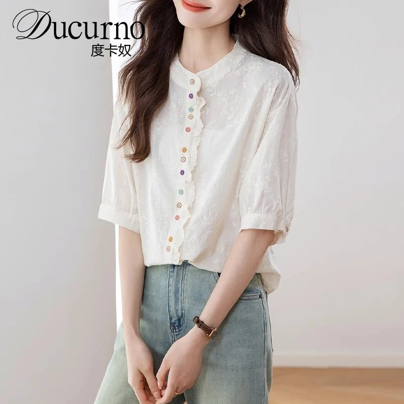 新中式国风衬衫女短袖夏季2025新款高级感刺绣小个子上衣洋气小衫