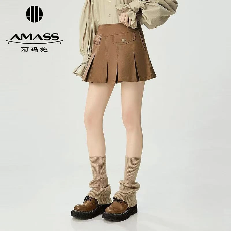 阿玛施AMASS 品质女装百搭复古学院风中腰打褶工装风短裙520005