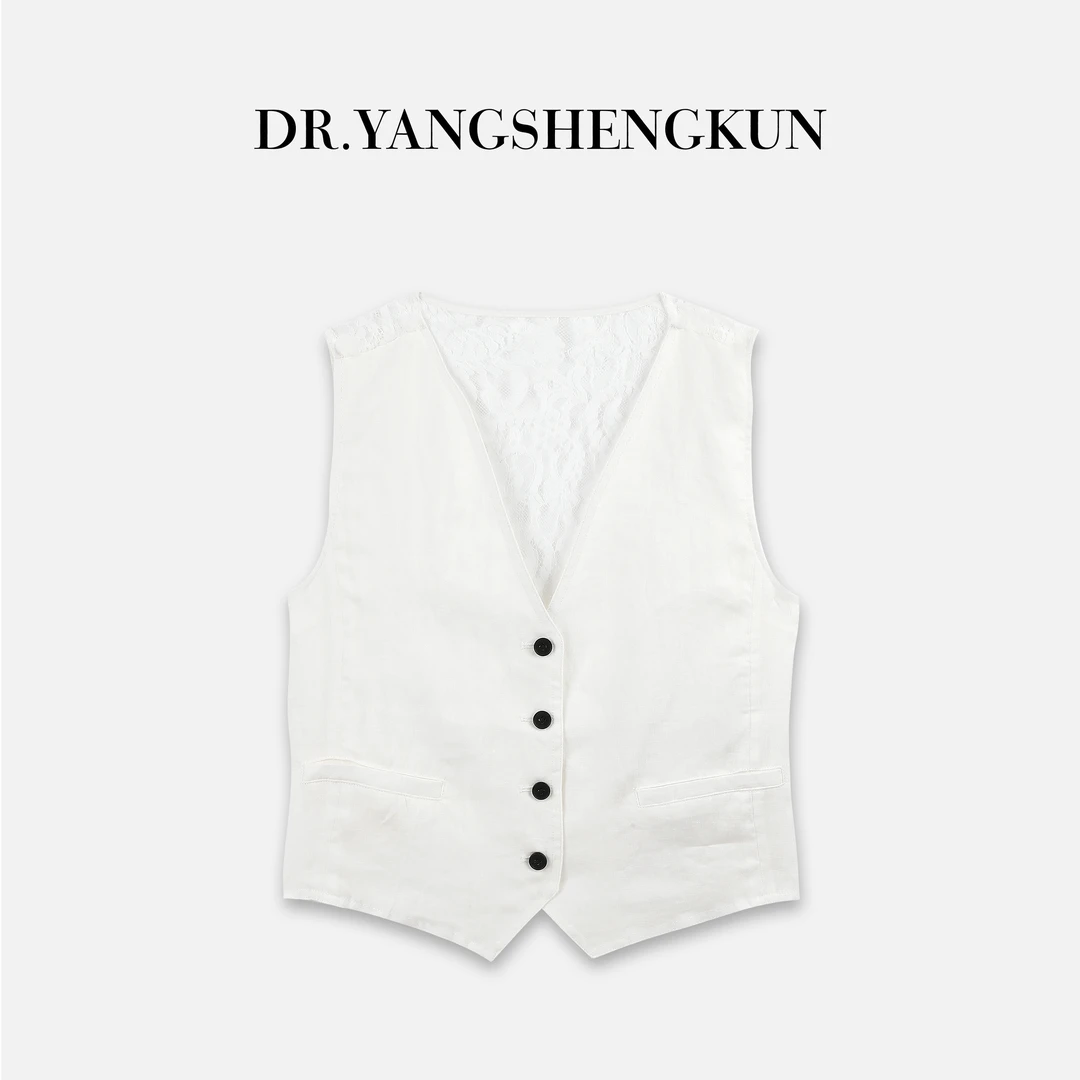 DR杨圣坤2025夏季时尚V领单排扣亚麻拼接蕾丝薄款马夹B2503-1416