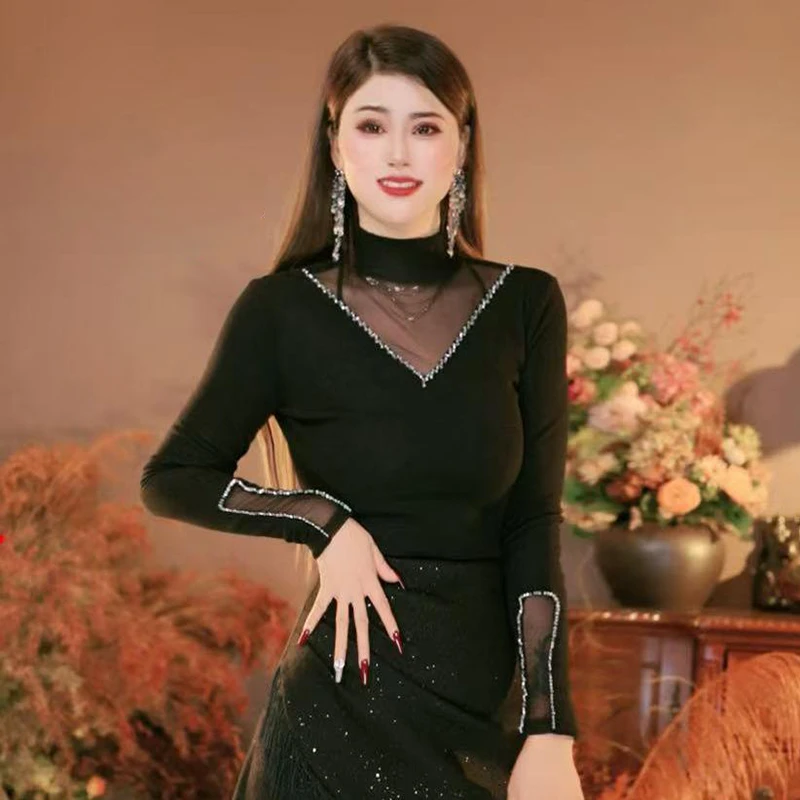 半高领复古风时尚简约春季新款豹纹镂空蕾丝打底衫洋气妈妈装上衣