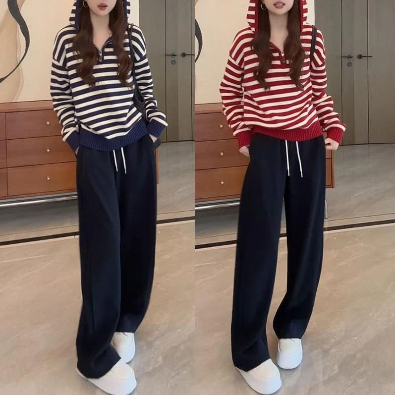 早秋新款小个子时尚减龄套装女条纹半拉链连帽针织衫阔腿裤两件套