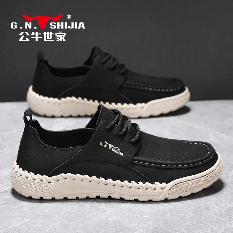 公牛世家男鞋2025春季手工时尚透气休闲鞋男士正装商务工作小皮鞋