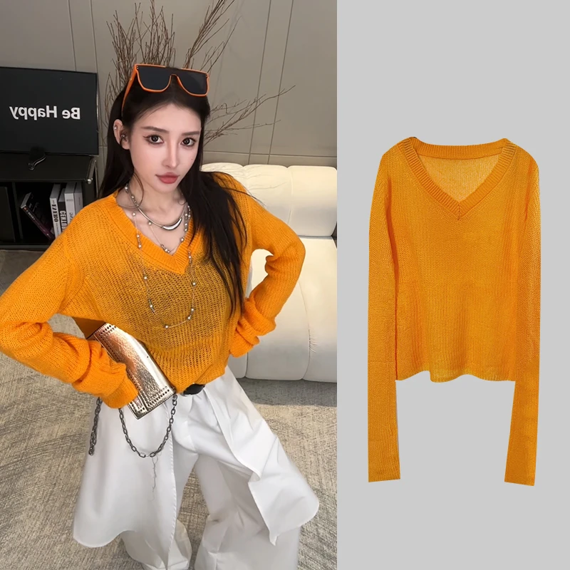 EH【柒柒】秋季韩版百搭镂空长袖针织衫高级感显瘦打底衫女 W2913