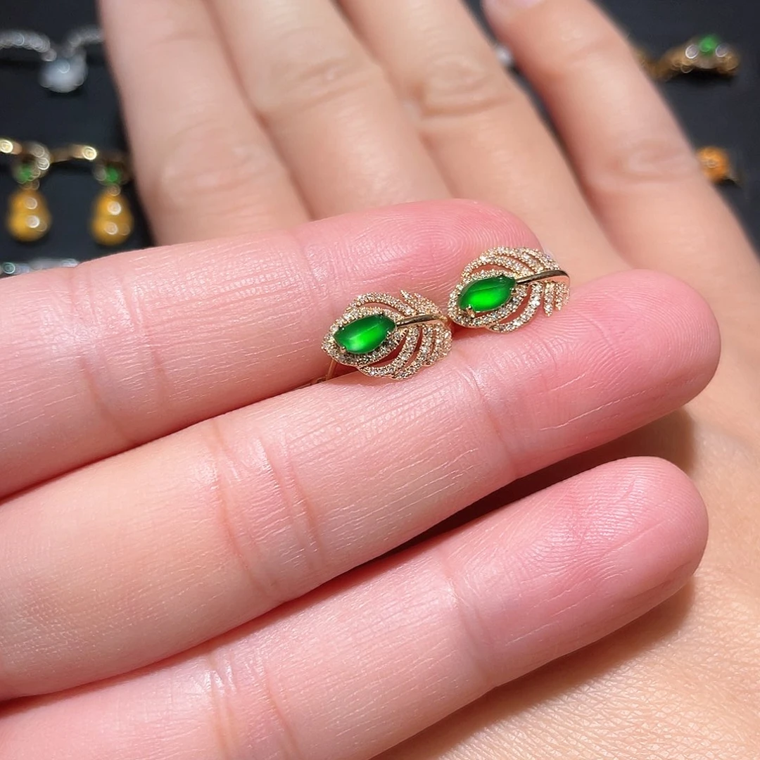 翡翠耳饰18K金镶嵌南非钻