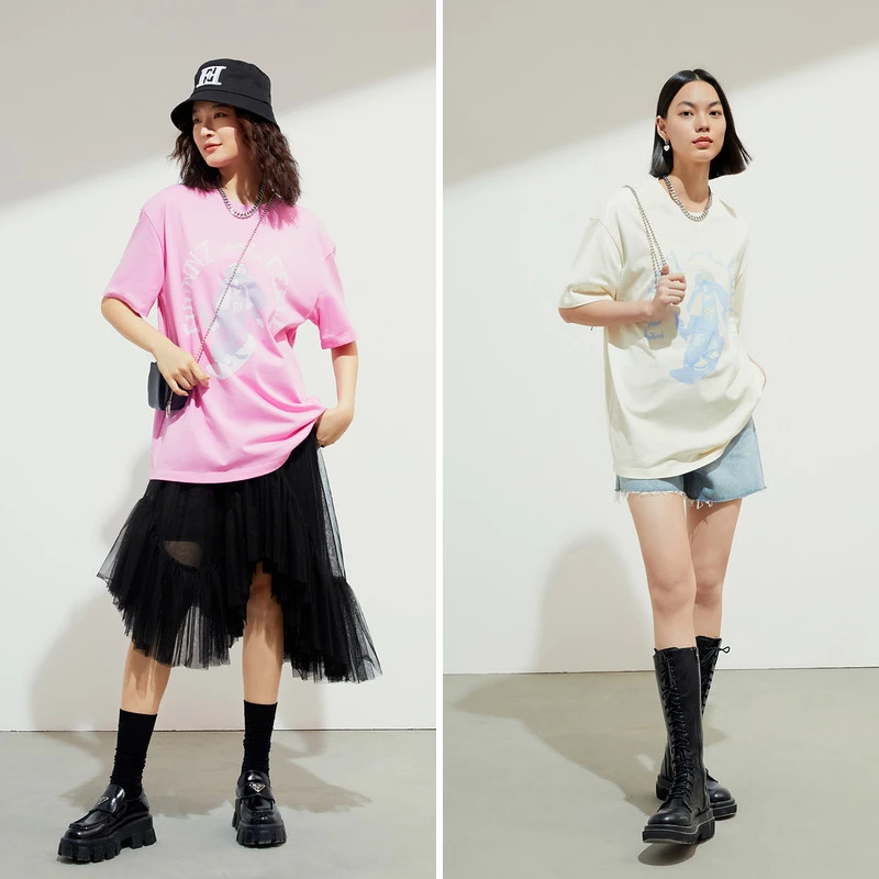 【达人专属】FF仿佛纯棉短袖T恤女时尚百搭印花休闲小众上衣FM00691