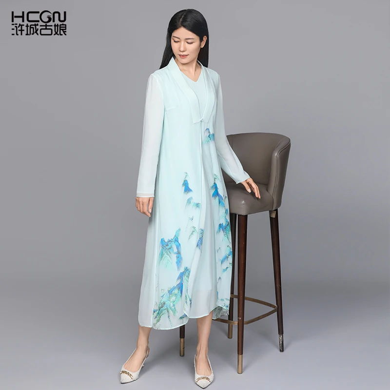 新中式欧若风春游真丝防晒连衣裙青绿山水套装CMT17777+CMT11309